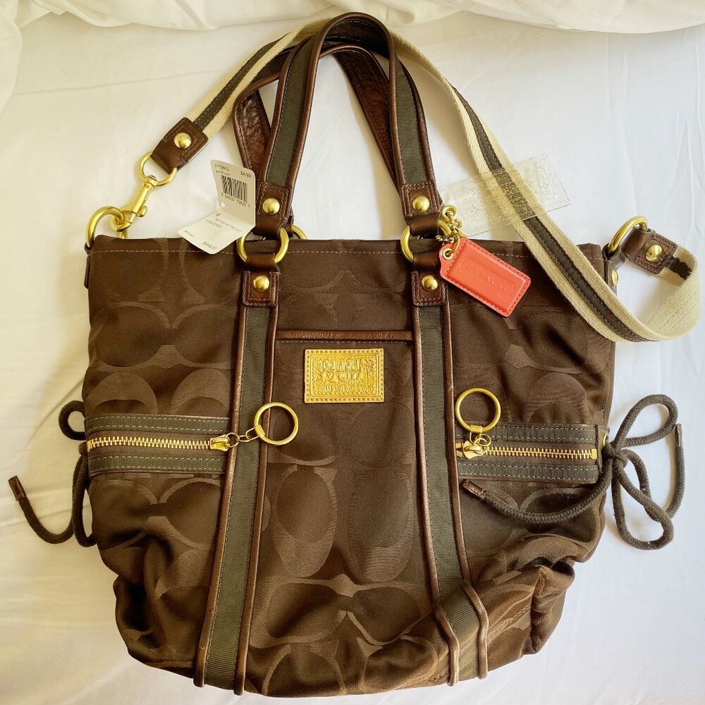 New Coach Poppy Brown Signature Sateen Spotlight Tote Bag